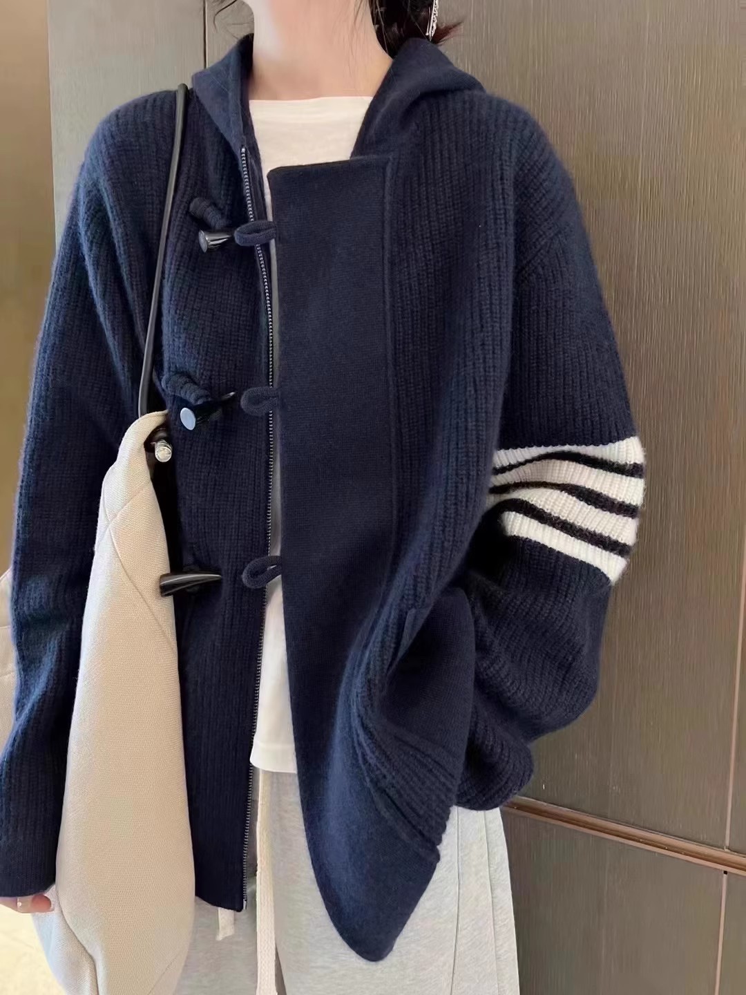 Wool Coat Peacoat - TB 니트 가디건 여성용 후드 100%