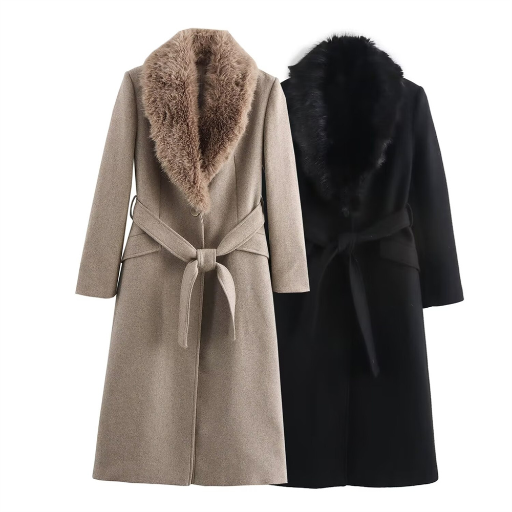 여성용 벨트 따뜻한 퍼 칼라 코트 플립 칼라 포켓 버튼 - Wool Coat Peacoat 리뷰 및 가격