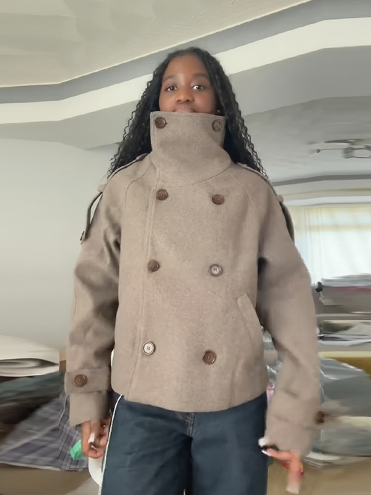 스탠드 칼라 짧은 갈색 여성 재킷 캐주얼 더블 브레스티 - Wool Coat Peacoat 리뷰 및 가격